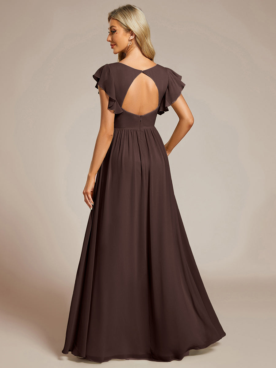 Color=Espresso | V Neck Pleated Belted Ruffles Wholesale Bridesmaid Dresses - ES01818 Iterated-Espresso 2