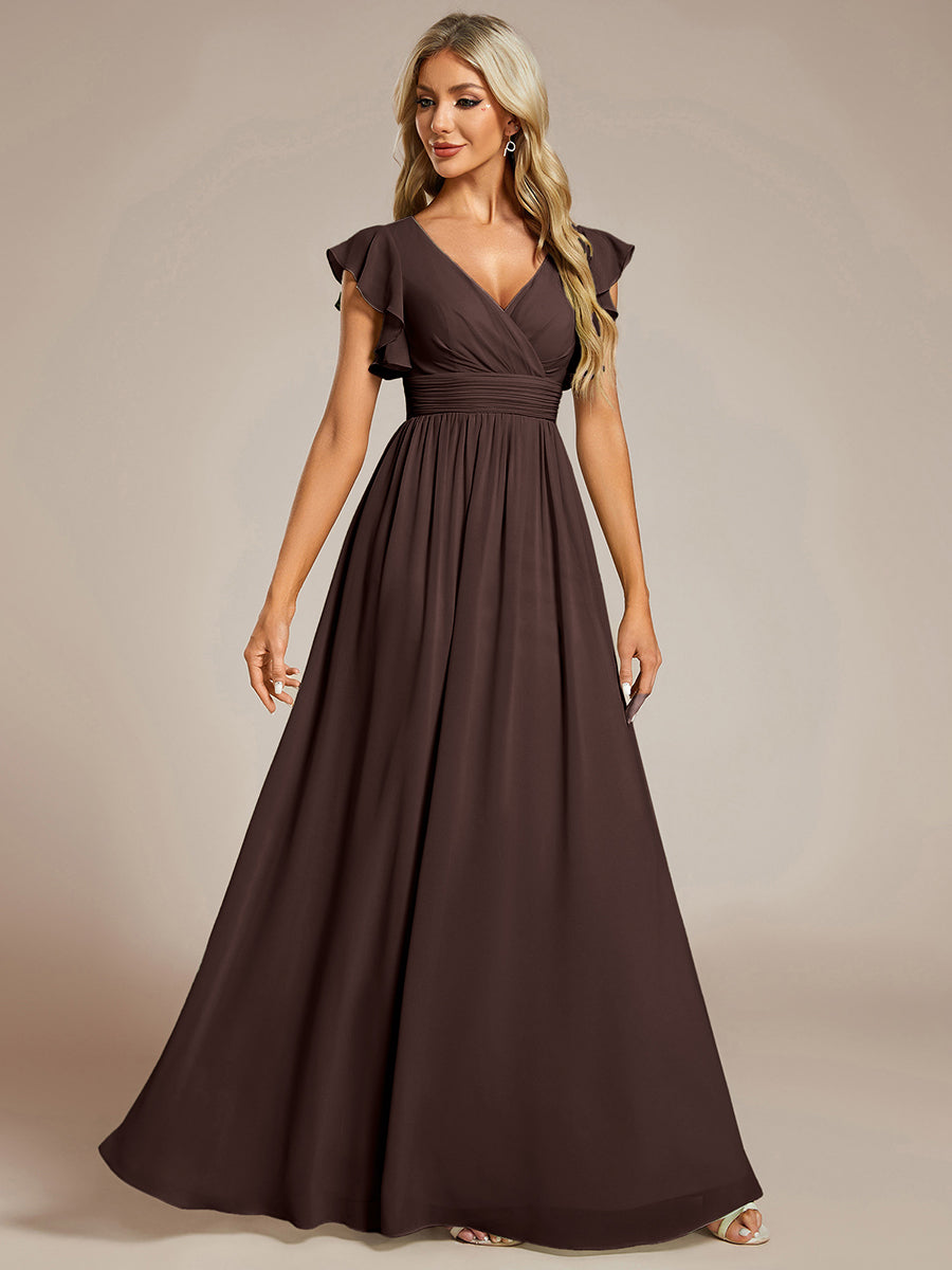 Color=Espresso | V Neck Pleated Belted Ruffles Wholesale Bridesmaid Dresses - ES01818 Iterated-Espresso 3