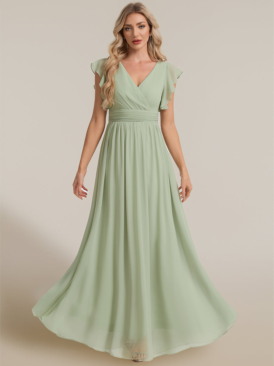 Color=Mint Green | V Neck Pleated Belted Ruffles Wholesale Bridesmaid Dresses - ES01818 Iterated-Mint Green 1