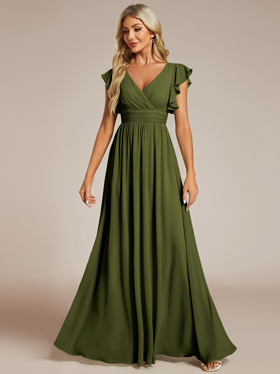 Color=Olive Green | V Neck Pleated Belted Ruffles Wholesale Bridesmaid Dresses - ES01818 Iterated-Olive Green 1