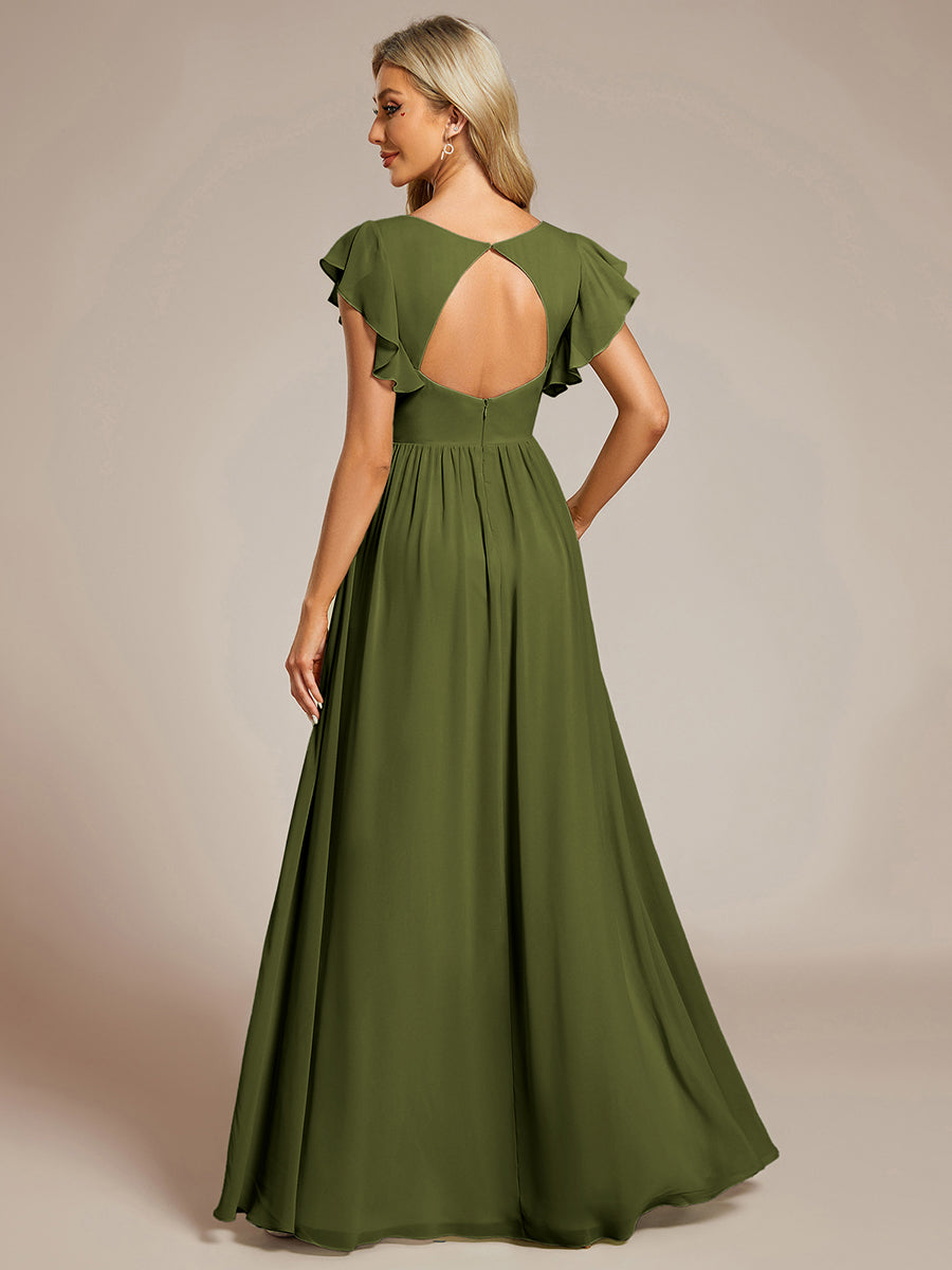 Color=Olive Green | V Neck Pleated Belted Ruffles Wholesale Bridesmaid Dresses - ES01818 Iterated-Olive Green 2
