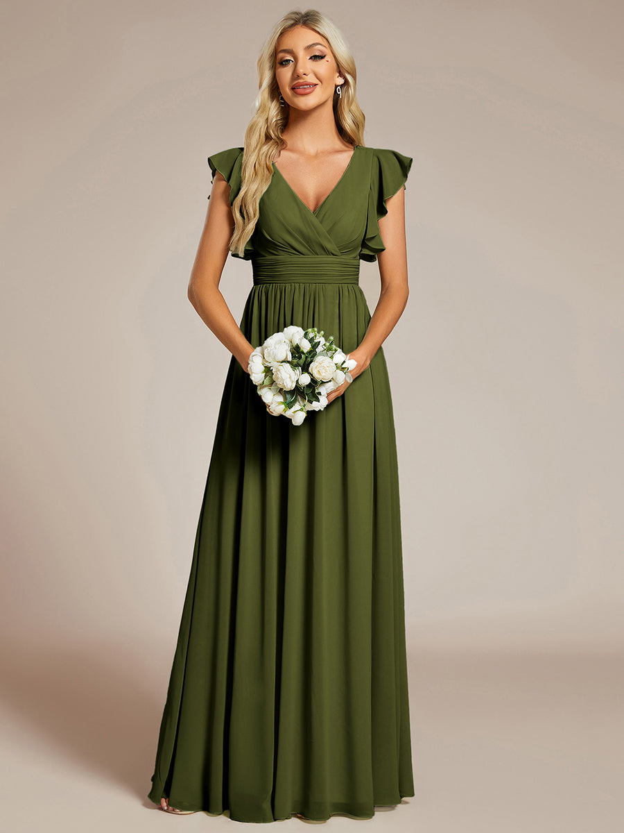 Color=Olive Green | V Neck Pleated Belted Ruffles Wholesale Bridesmaid Dresses - ES01818 Iterated-Olive Green 4