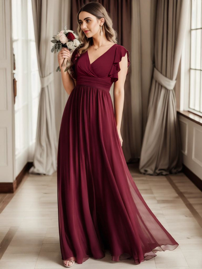 Color=Burgundy | V Neck Pleated Belted Ruffles Wholesale Bridesmaid Dresses-Burgundy 1