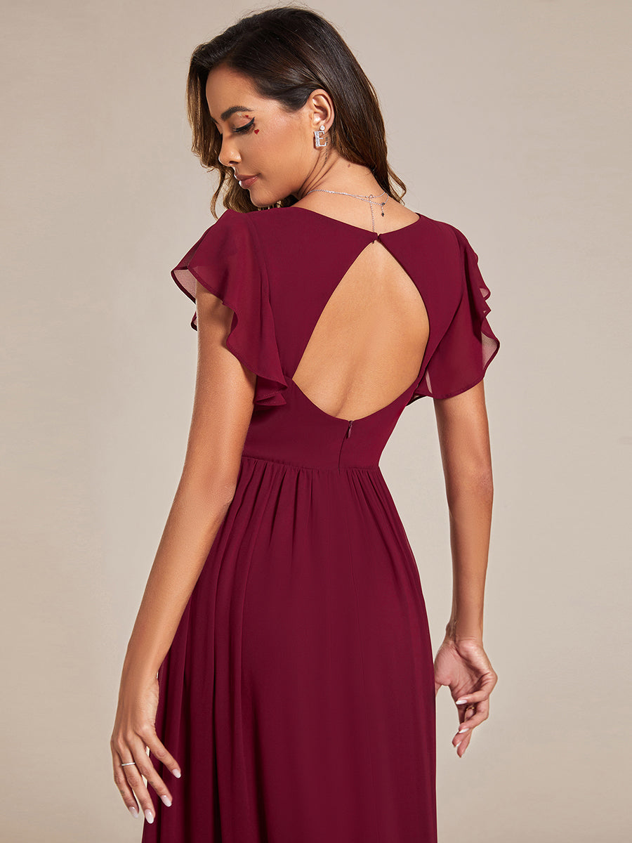Color=Burgundy | V Neck Pleated Belted Ruffles Wholesale Bridesmaid Dresses - ES01818 Iterated-Burgundy 1