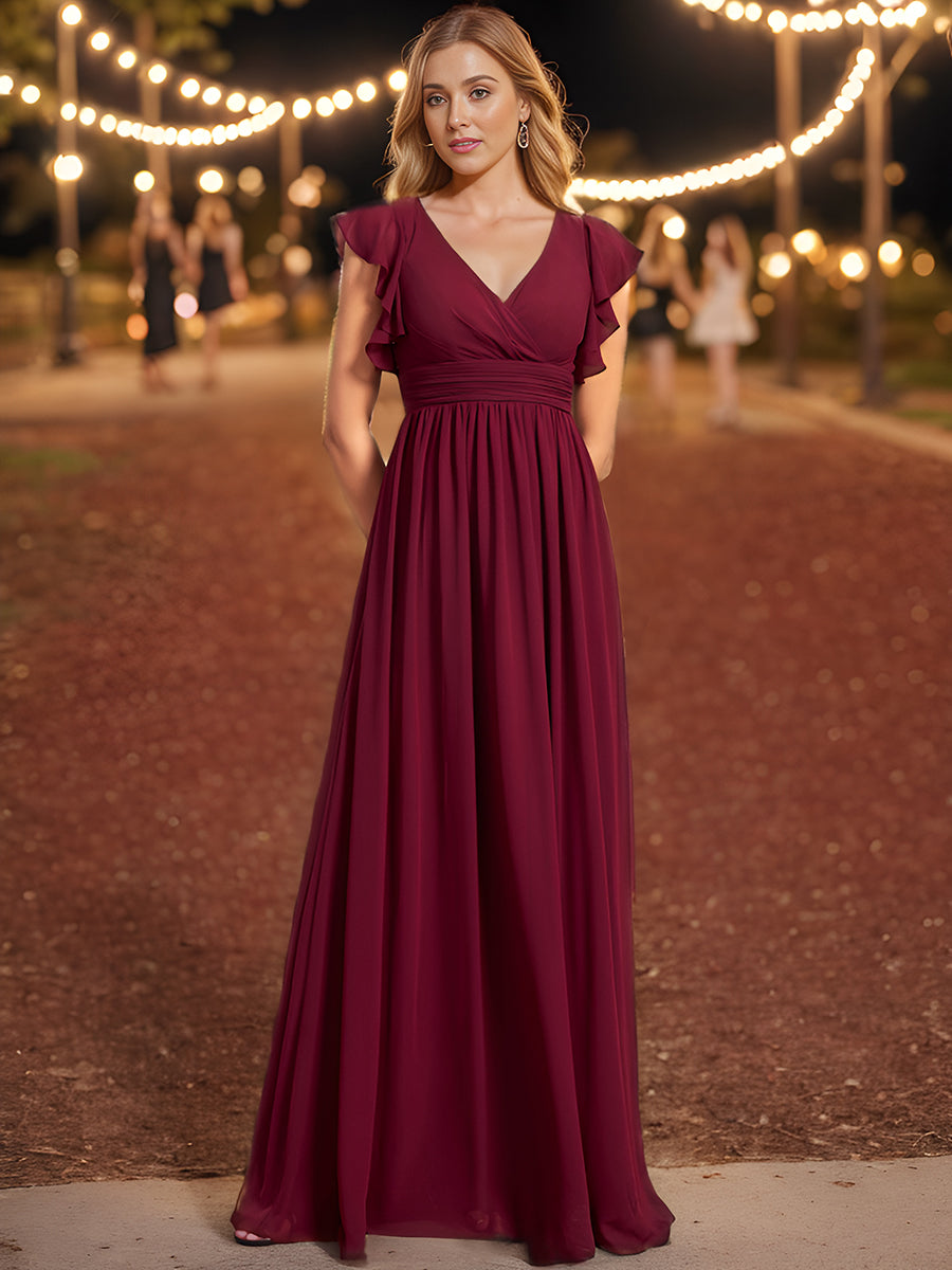 Color=Burgundy | V Neck Pleated Belted Ruffles Wholesale Bridesmaid Dresses - ES01818 Iterated-Burgundy 3