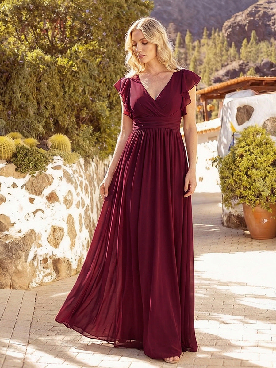 Color=Burgundy | V Neck Pleated Belted Ruffles Wholesale Bridesmaid Dresses - ES01818 Iterated-Burgundy 6