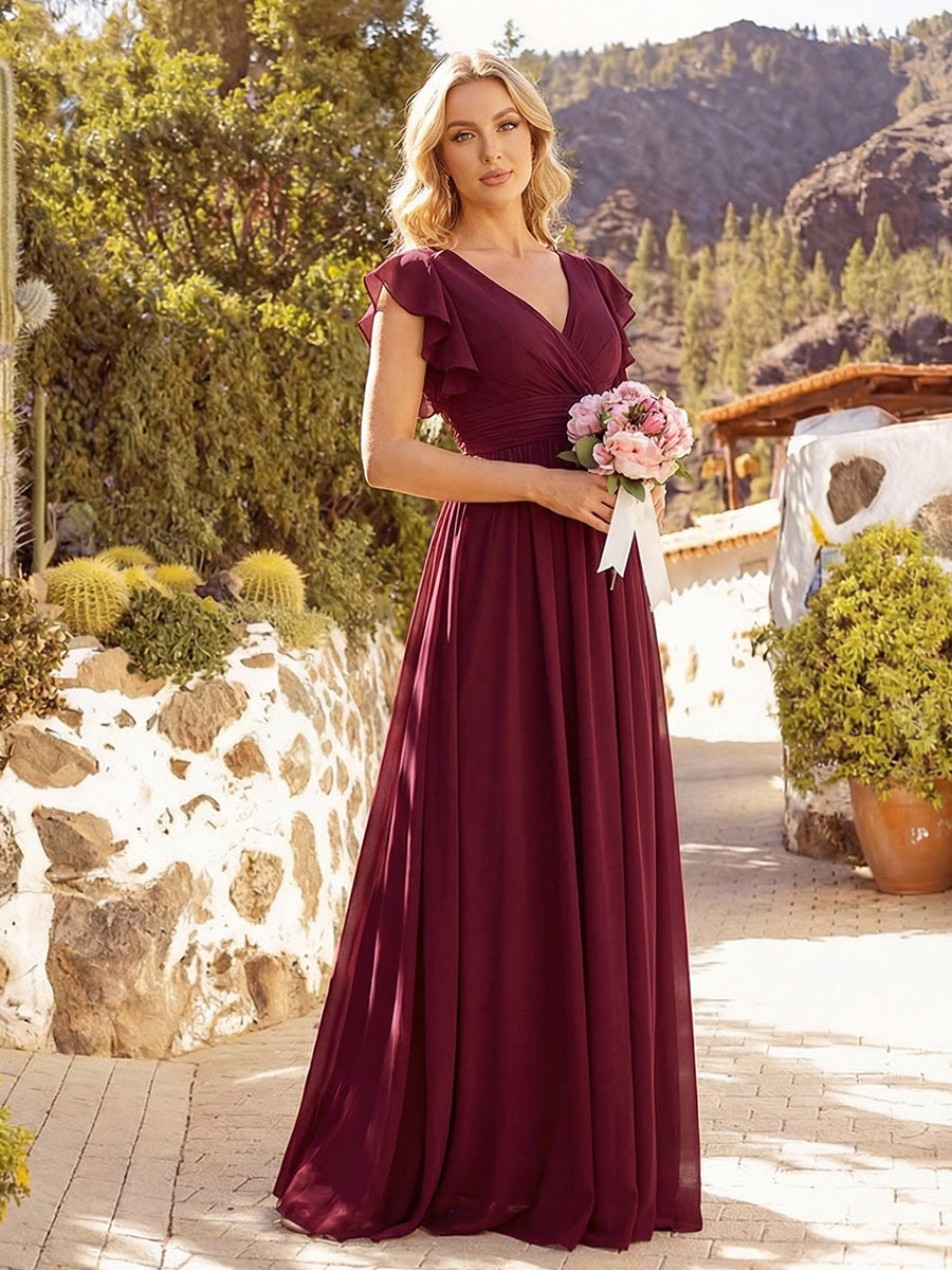 Color=Burgundy | V Neck Pleated Belted Ruffles Wholesale Bridesmaid Dresses - ES01818 Iterated-Burgundy 7