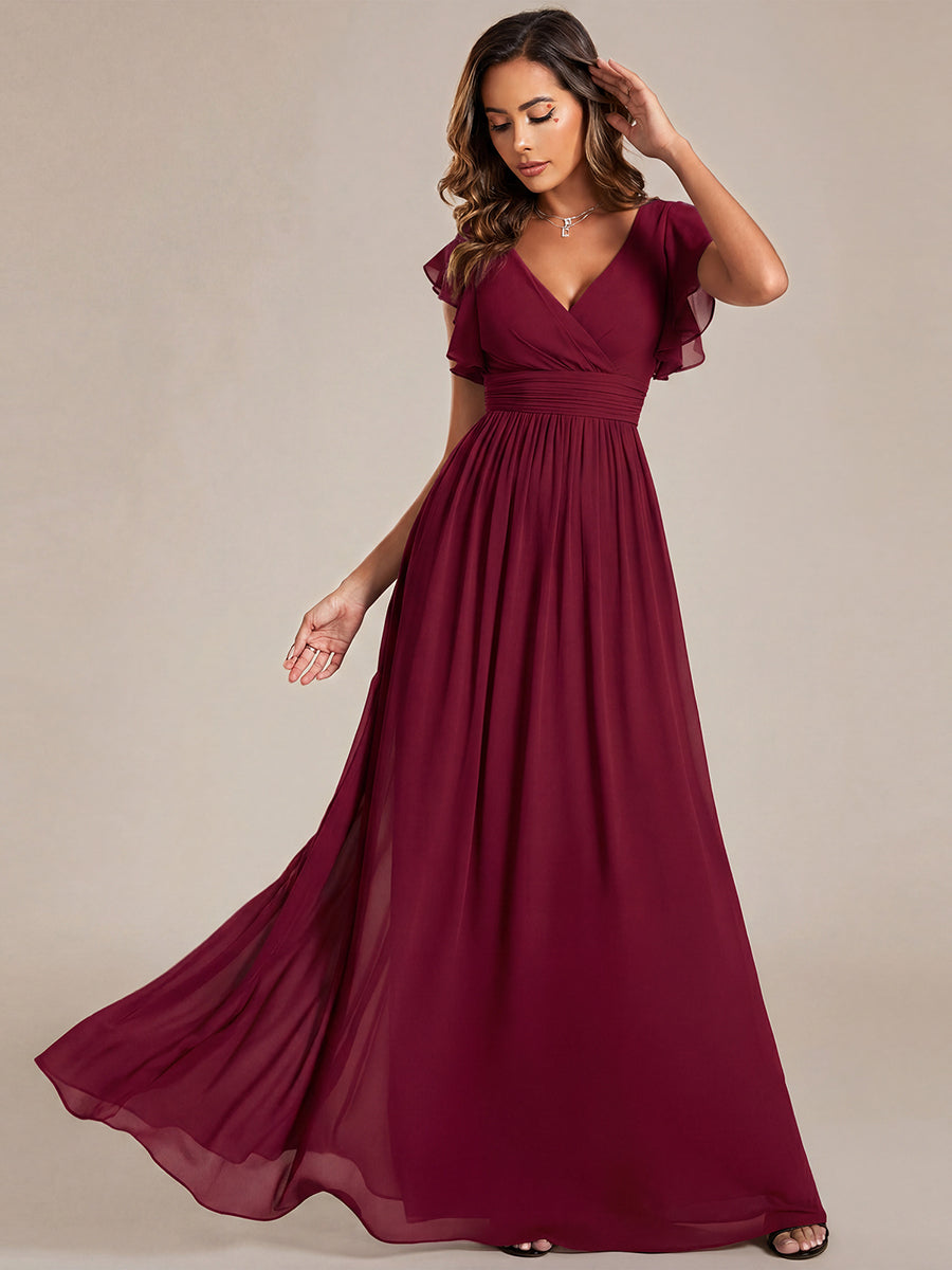 Color=Burgundy | V Neck Pleated Belted Ruffles Wholesale Bridesmaid Dresses - ES01818 Iterated-Burgundy 8