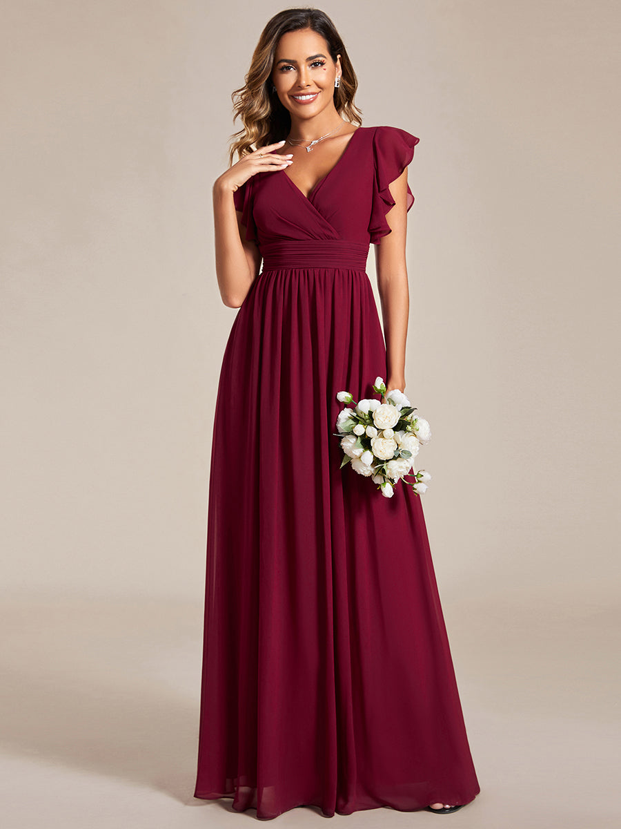 Color=Burgundy | V Neck Pleated Belted Ruffles Wholesale Bridesmaid Dresses - ES01818 Iterated-Burgundy 9