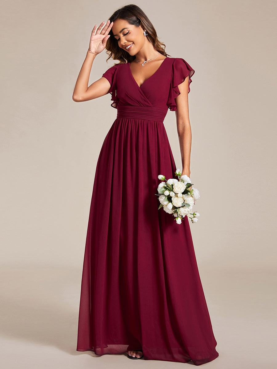 Color=Burgundy | V Neck Pleated Belted Ruffles Wholesale Bridesmaid Dresses - ES01818 Iterated-Burgundy 11