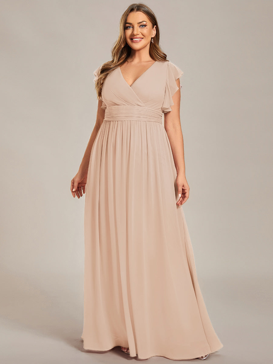 Color=Blush | One Stop Shop Short Sleeve Ruffle V-Neck Pleated Backless A-Line Floor Length Bridesmaid Dresses-Blush 6