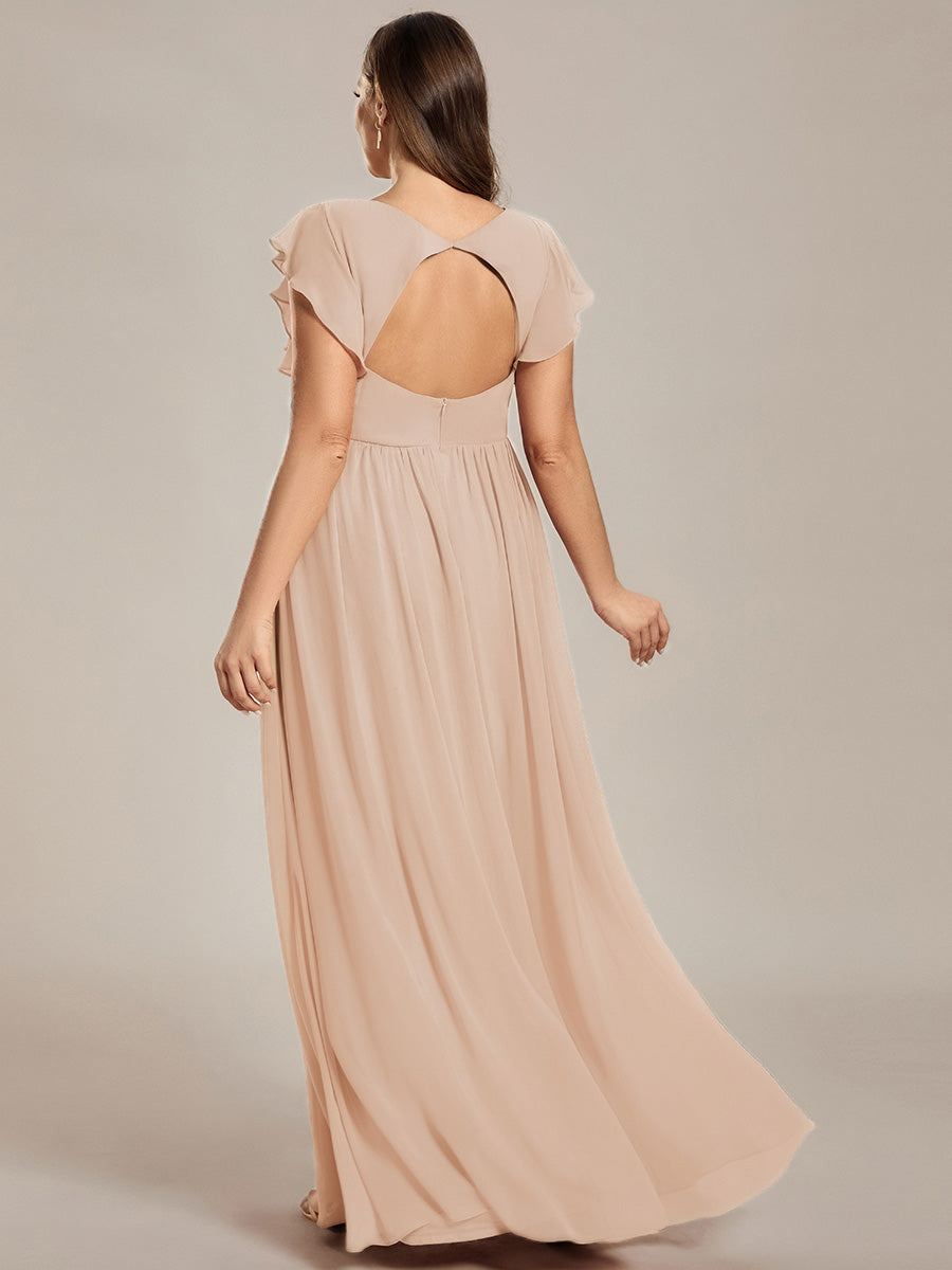 Color=Blush | One Stop Shop Short Sleeve Ruffle V-Neck Pleated Backless A-Line Floor Length Bridesmaid Dresses-Blush 7