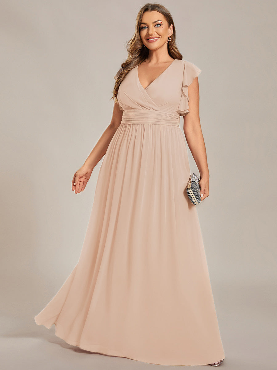 Color=Blush | One Stop Shop Short Sleeve Ruffle V-Neck Pleated Backless A-Line Floor Length Bridesmaid Dresses-Blush 9