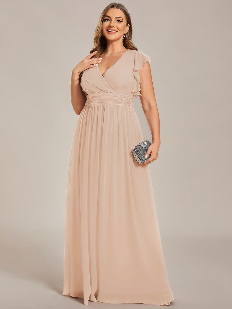 Color=Blush | One Stop Shop Short Sleeve Ruffle V-Neck Pleated Backless A-Line Floor Length Bridesmaid Dresses-Blush 10