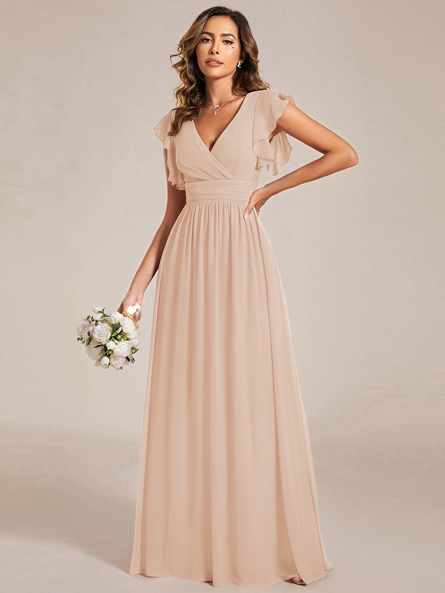 Color=Blush | One Stop Shop Short Sleeve Ruffle V-Neck Pleated Backless A-Line Floor Length Bridesmaid Dresses-Blush 1