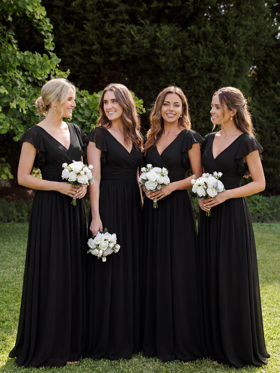 Color=Black | V Neck Pleated Belted Ruffles Wholesale Bridesmaid Dresses - ES01818 Iterated-Black 2
