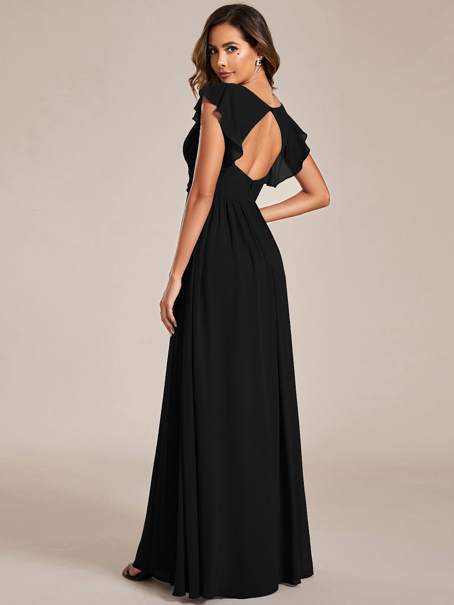 Color=Black | V Neck Pleated Belted Ruffles Wholesale Bridesmaid Dresses - ES01818 Iterated-Black 3