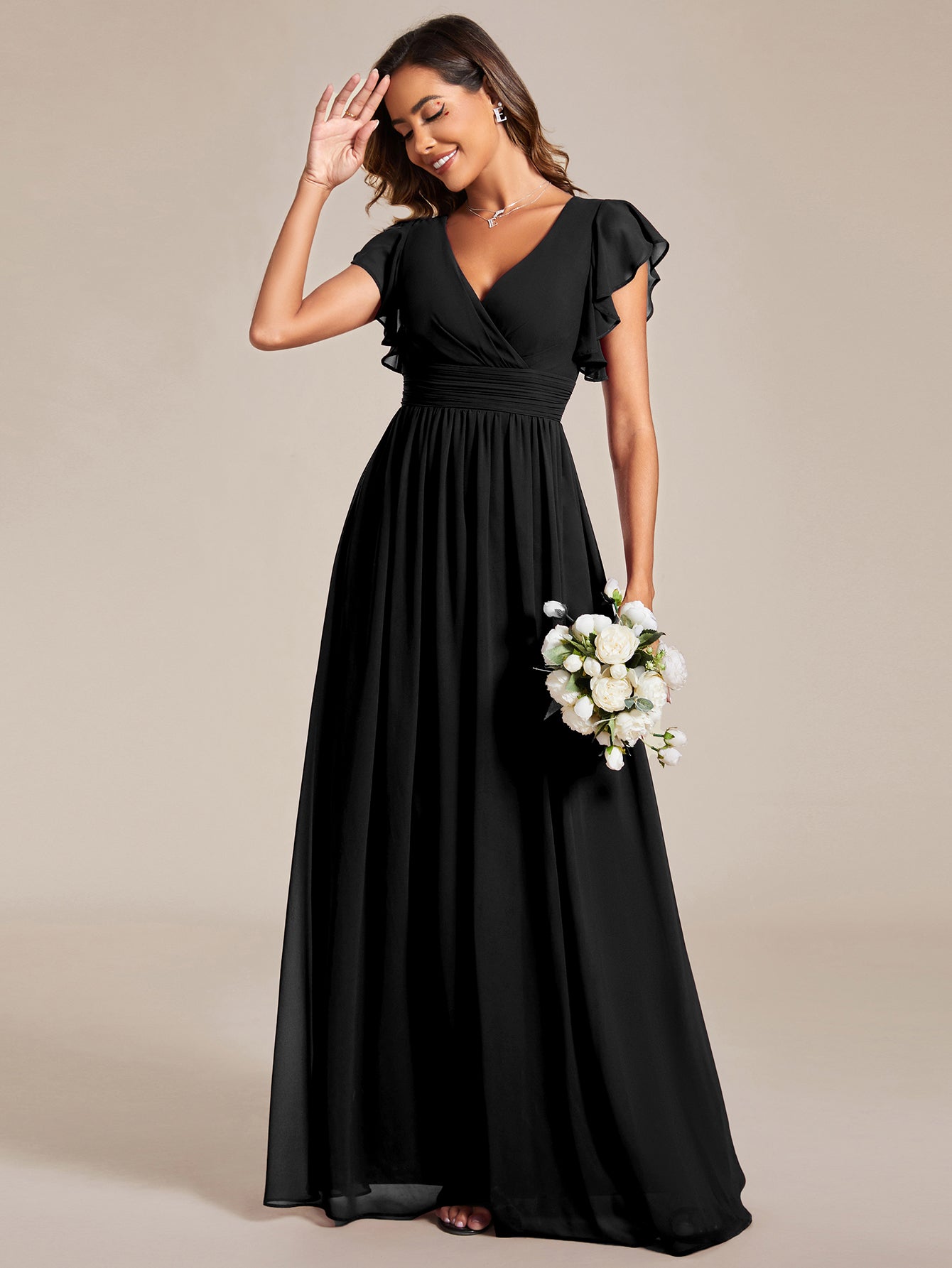 Color=Black | V Neck Pleated Belted Ruffles Wholesale Bridesmaid Dresses - ES01818 Iterated-Black 4