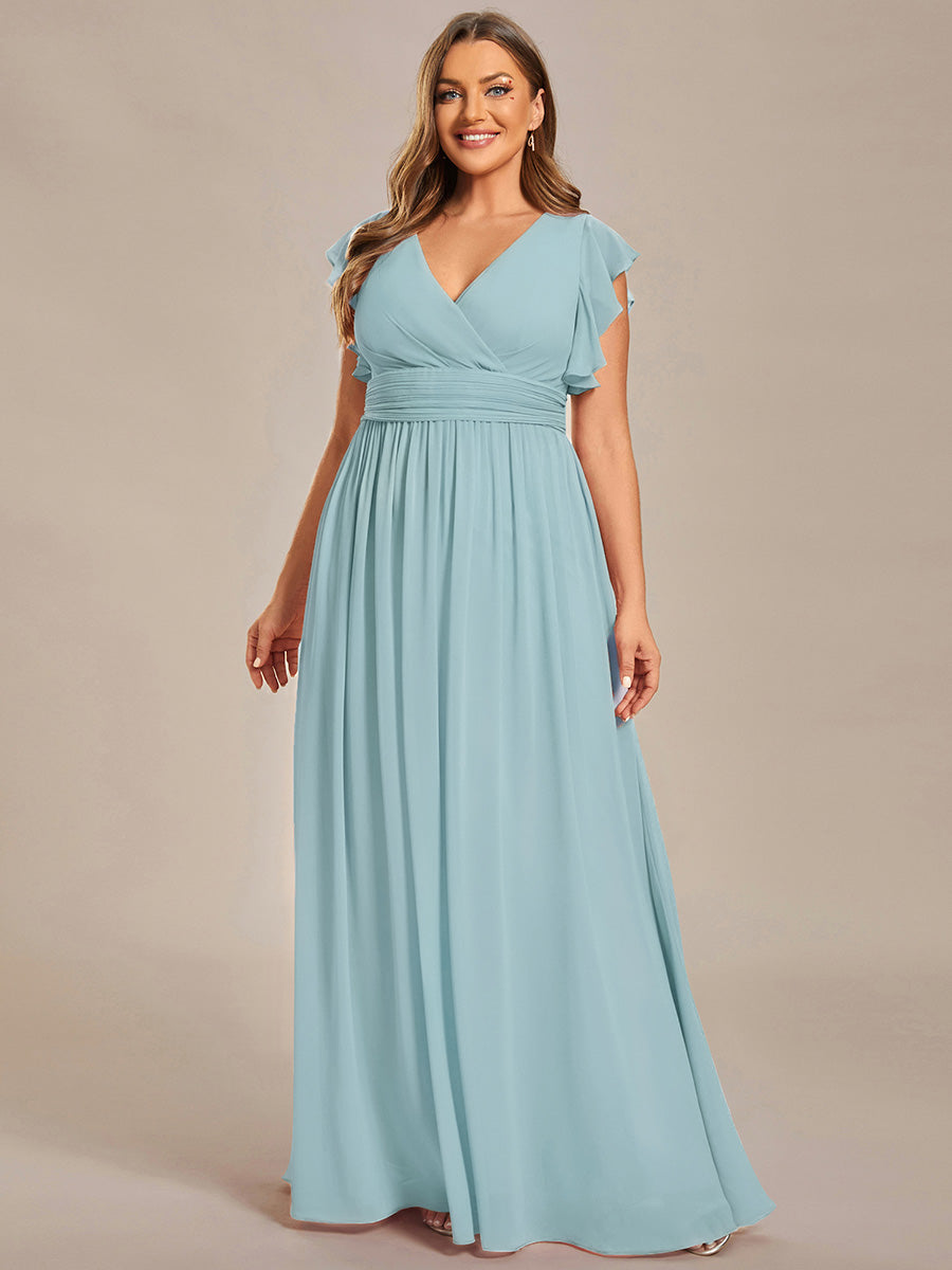 Color=Sky Blue | Bulk Order Short Sleeve Ruffle V-Neck Pleated Backless A-Line Floor Length Bridesmaid Dresses-Sky Blue 1