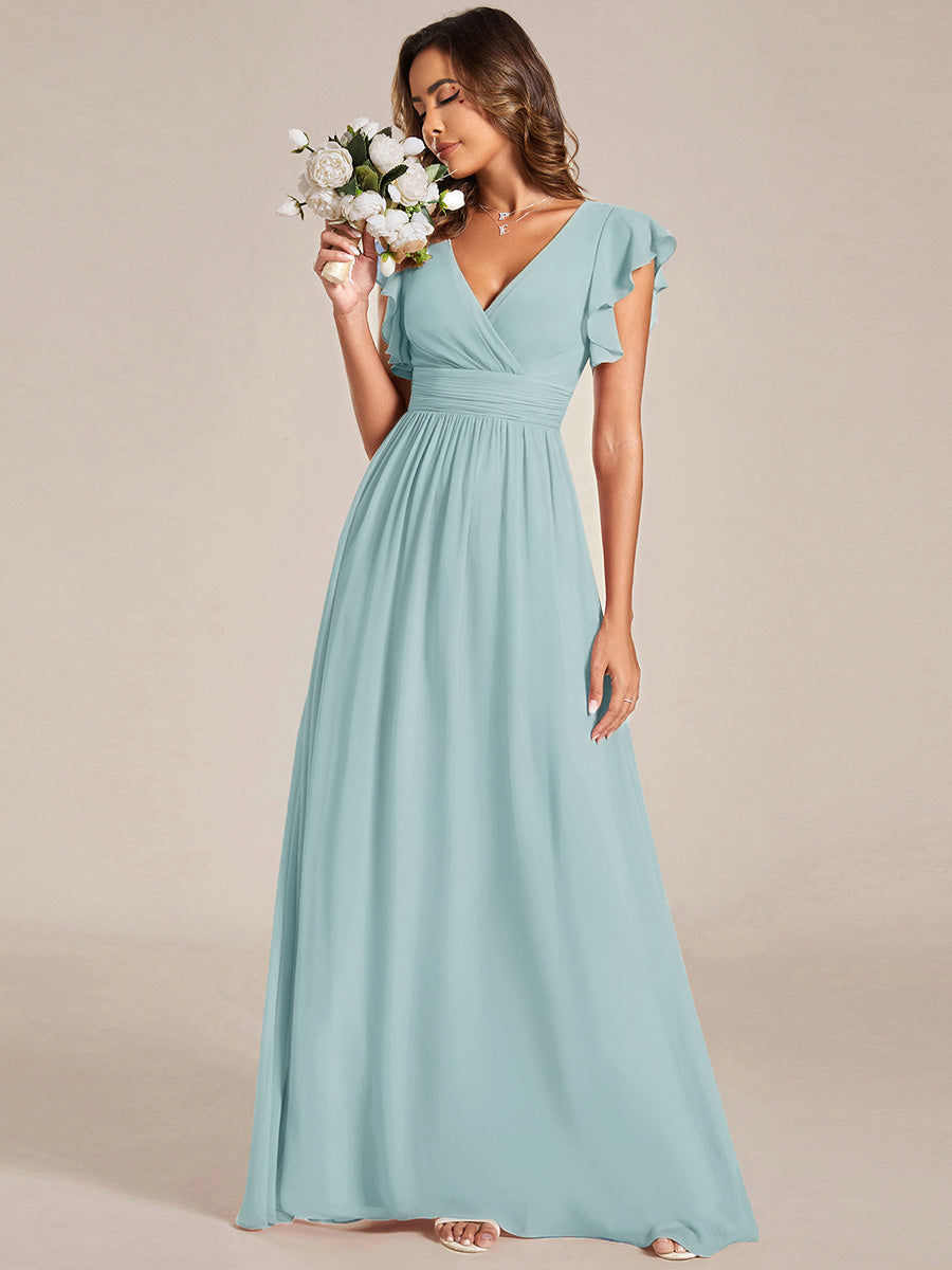 Color=Sky Blue | Bulk Order Short Sleeve Ruffle V-Neck Pleated Backless A-Line Floor Length Bridesmaid Dresses-Sky Blue 4