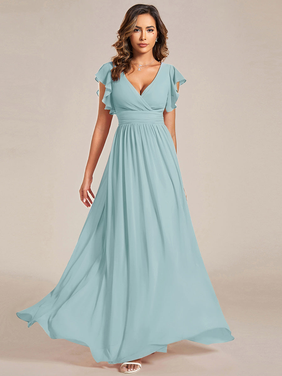 Color=Sky Blue | Bulk Order Short Sleeve Ruffle V-Neck Pleated Backless A-Line Floor Length Bridesmaid Dresses-Sky Blue 5