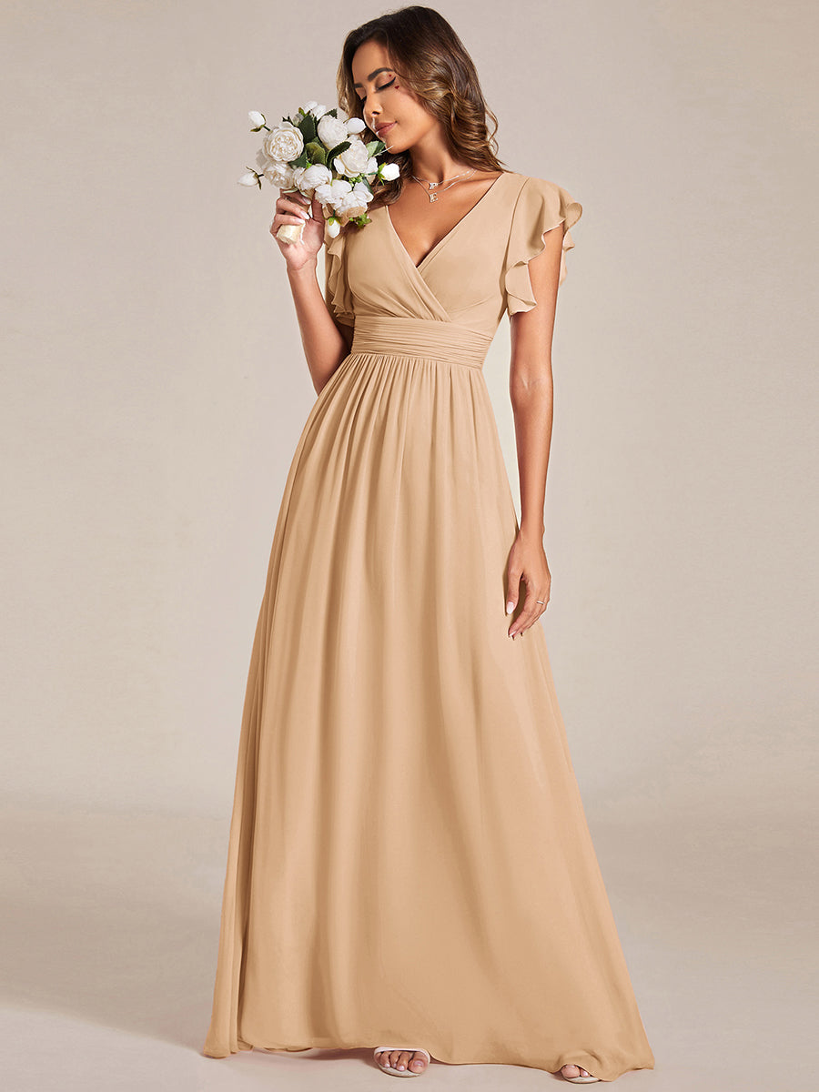 Color=Champagne | V Neck Pleated Belted Ruffles Wholesale Bridesmaid Dresses - ES01818 Iterated-Champagne 4