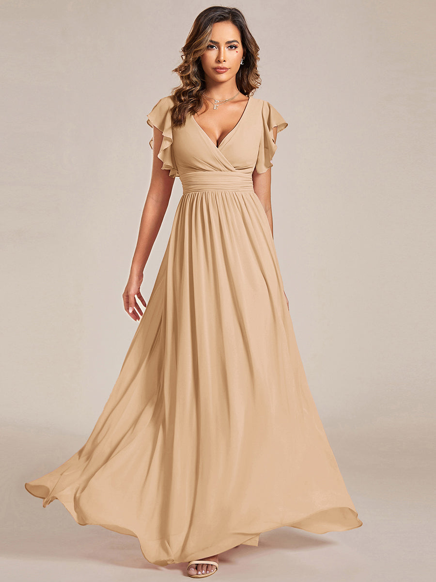 Color=Champagne | V Neck Pleated Belted Ruffles Wholesale Bridesmaid Dresses - ES01818 Iterated-Champagne 5