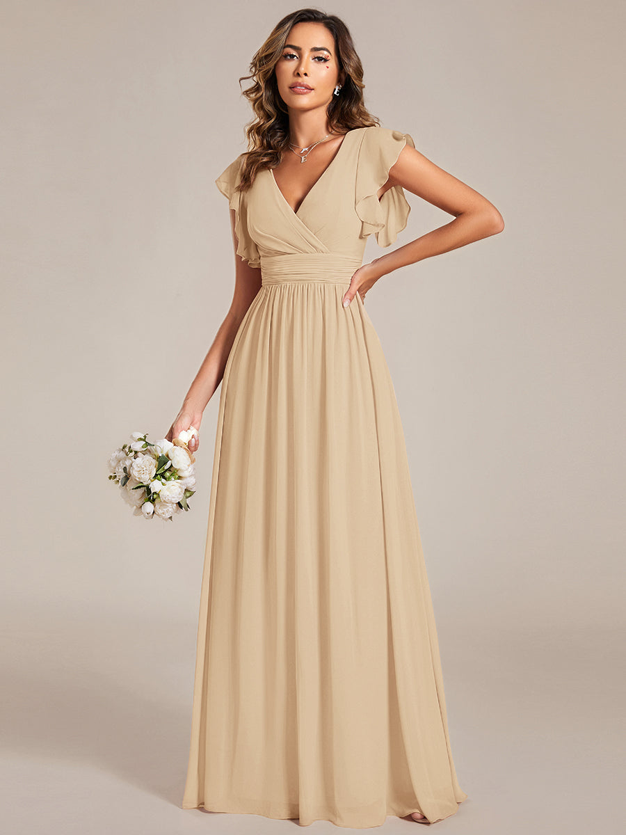 Color=Champagne | V Neck Pleated Belted Ruffles Wholesale Bridesmaid Dresses - ES01818 Iterated-Champagne 7