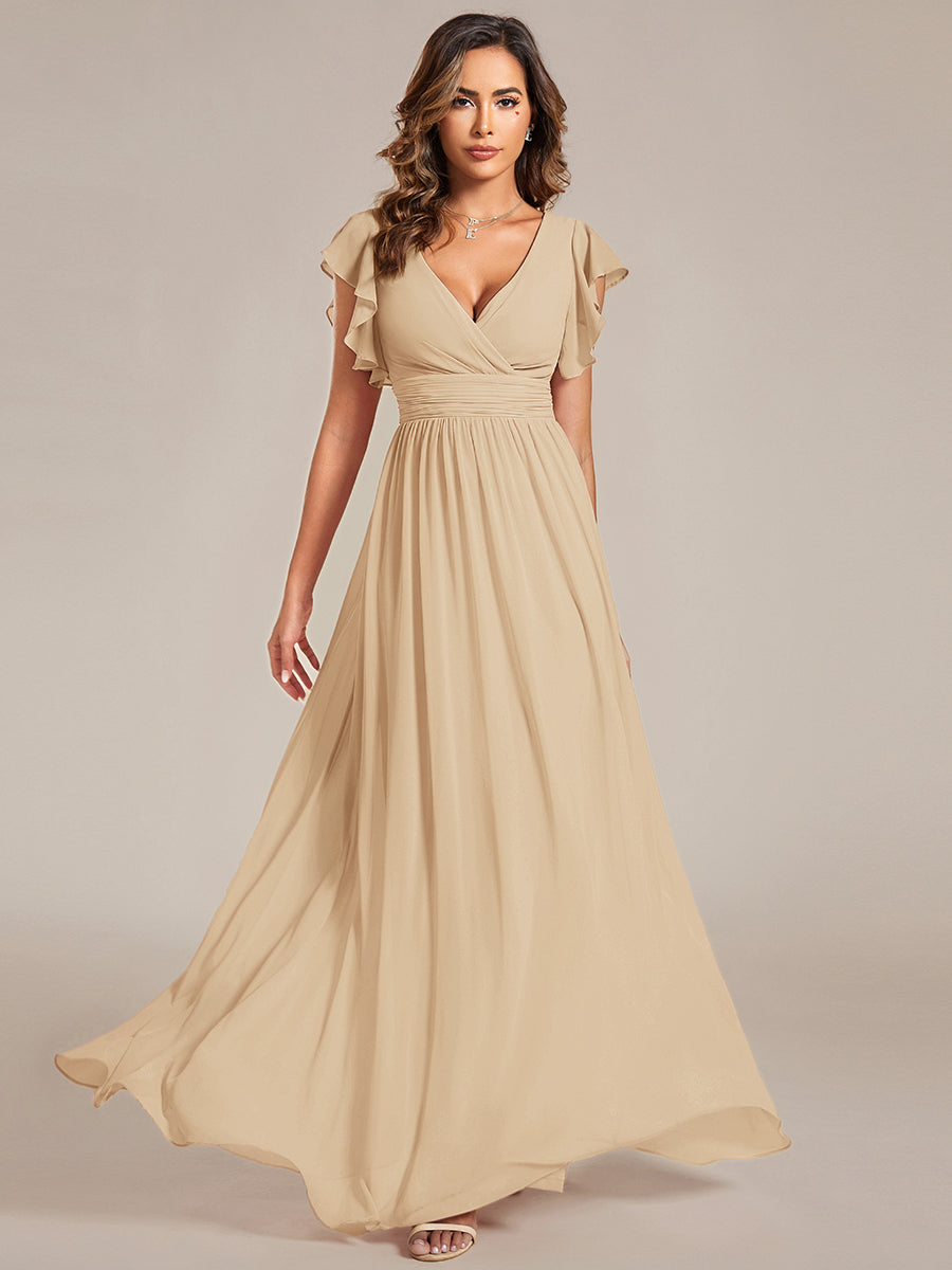 Color=Champagne | V Neck Pleated Belted Ruffles Wholesale Bridesmaid Dresses - ES01818 Iterated-Champagne 10