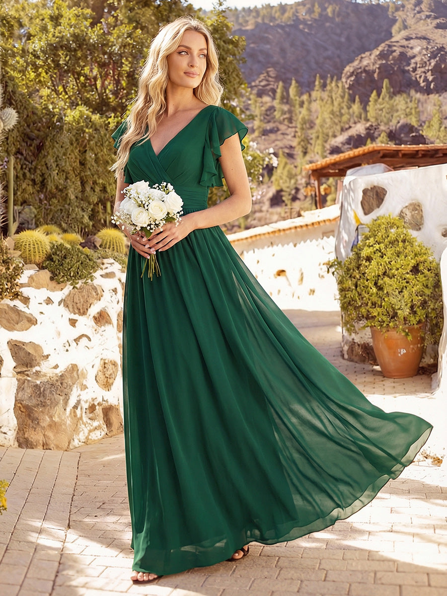 Color=Dark Green | V Neck Pleated Belted Ruffles Wholesale Bridesmaid Dresses - ES01818 Iterated-Dark Green 6