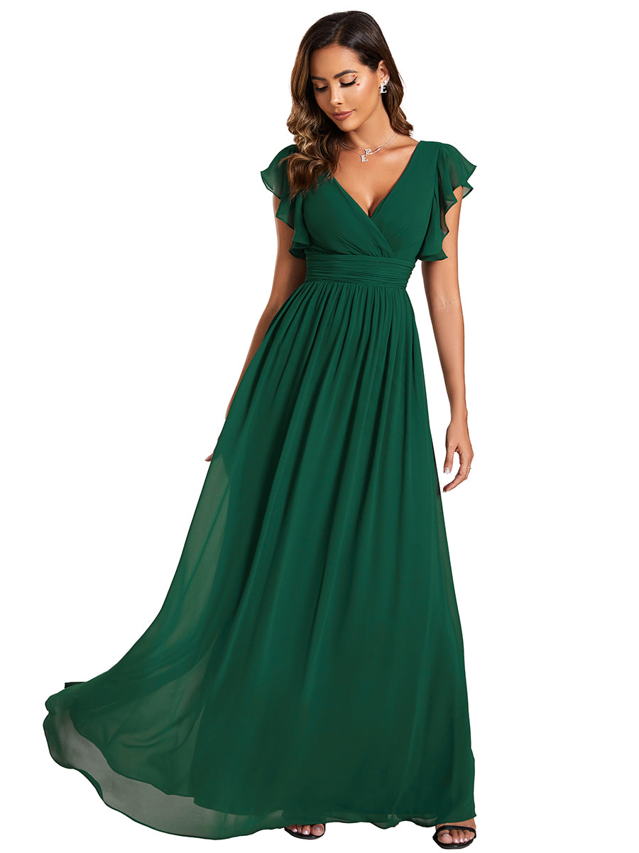 Color=Dark Green | V Neck Pleated Belted Ruffles Wholesale Bridesmaid Dresses - ES01818 Iterated-Dark Green 2