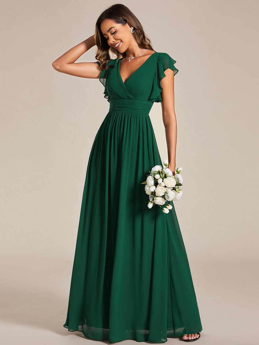Color=Dark Green | V Neck Pleated Belted Ruffles Wholesale Bridesmaid Dresses - ES01818 Iterated-Dark Green 9