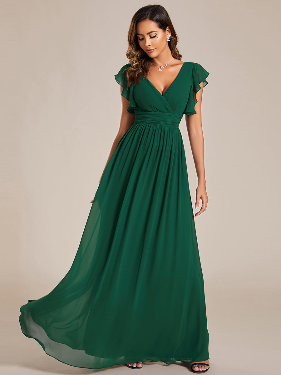 Color=Dark Green | V Neck Pleated Belted Ruffles Wholesale Bridesmaid Dresses - ES01818 Iterated-Dark Green 1