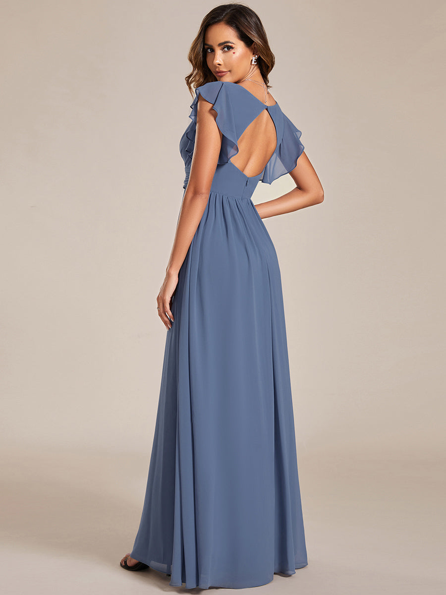 Color=Dusty Blue | V Neck Pleated Belted Ruffles Wholesale Bridesmaid Dresses - ES01818 Iterated-Dusty Blue 7