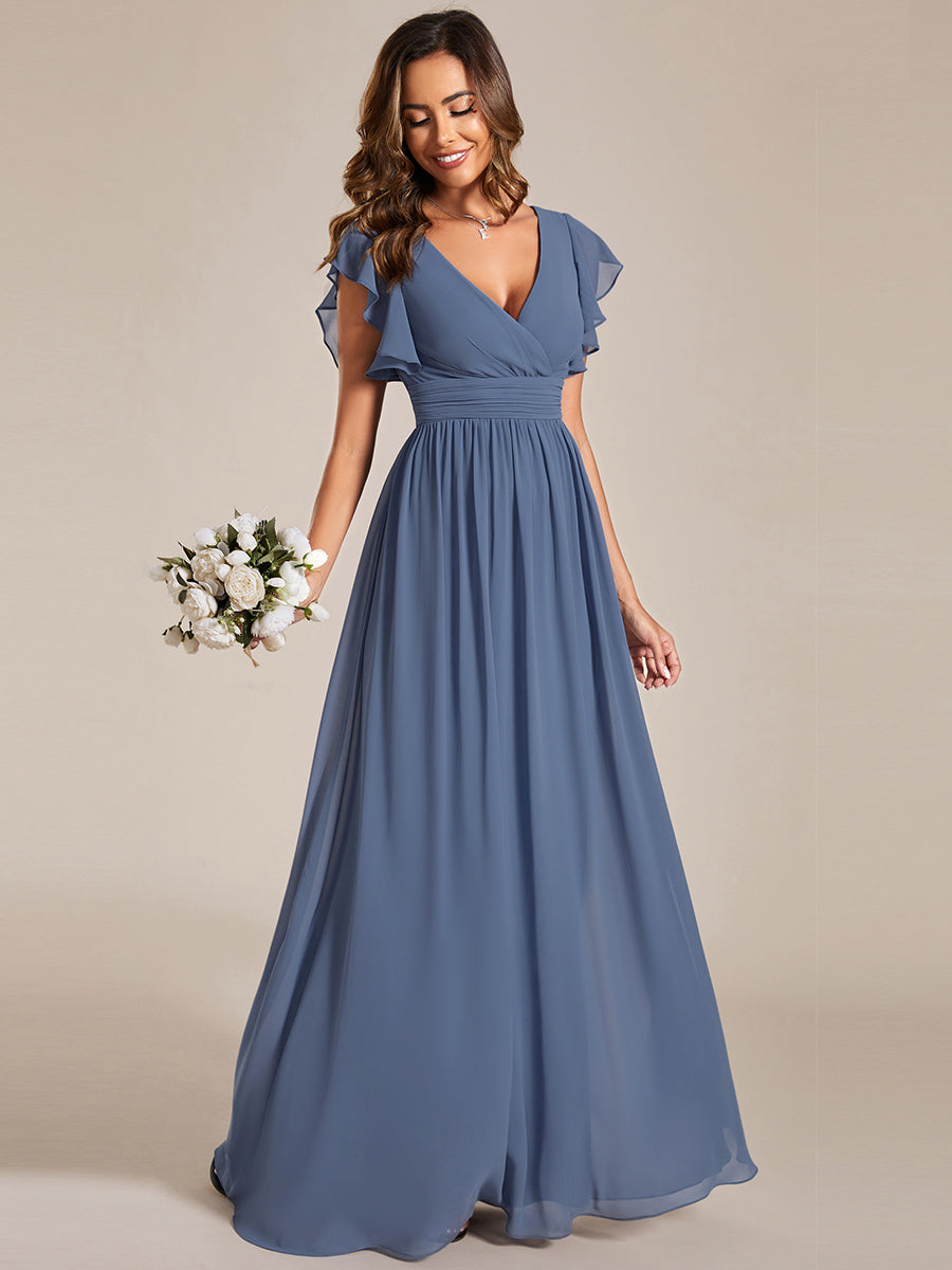 Color=Dusty Blue | V Neck Pleated Belted Ruffles Wholesale Bridesmaid Dresses - ES01818 Iterated-Dusty Blue 8