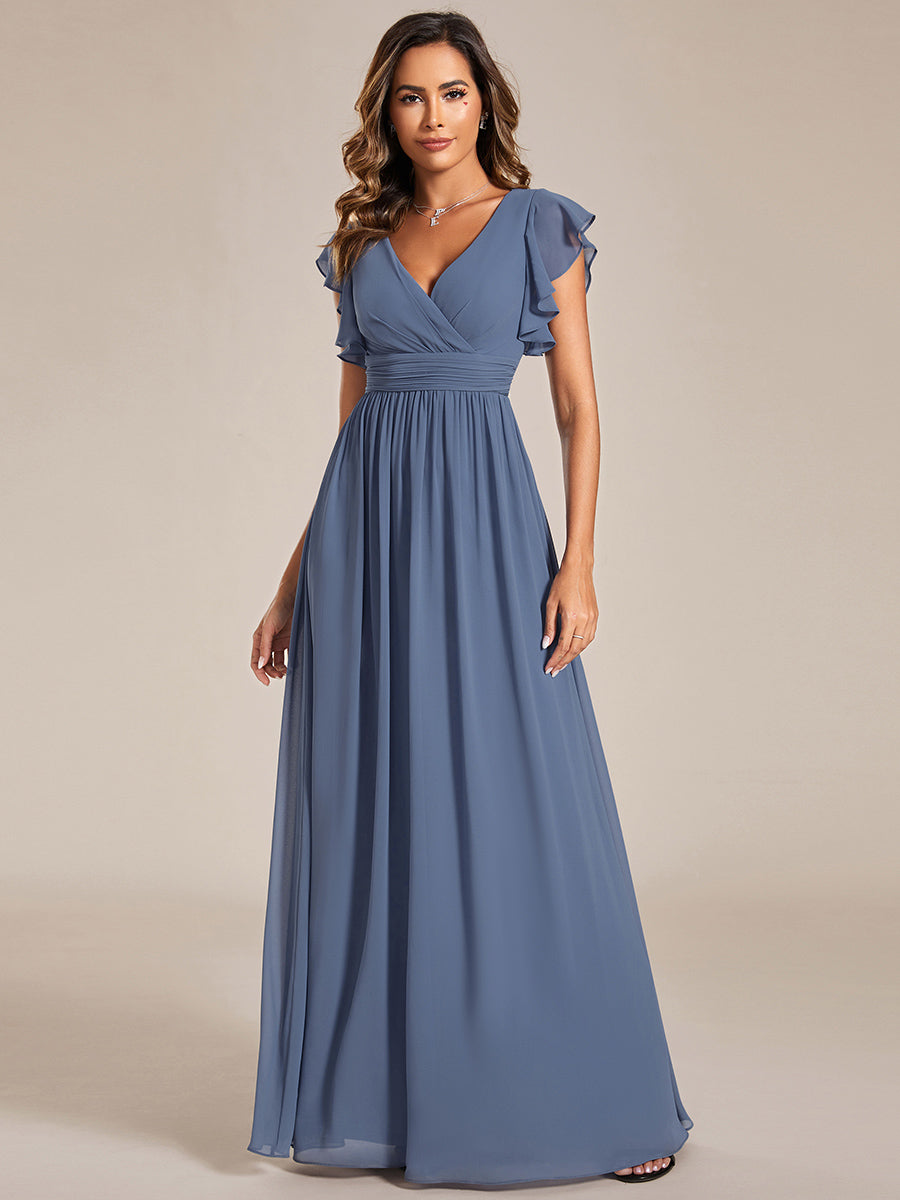 Color=Dusty Blue | V Neck Pleated Belted Ruffles Wholesale Bridesmaid Dresses - ES01818 Iterated-Dusty Blue 9