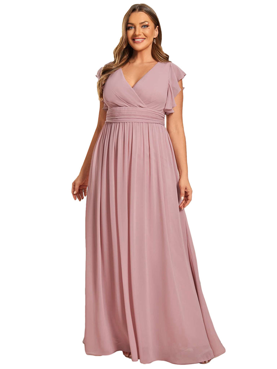 Color=Dusty Rose | V Neck Pleated Belted Ruffles Wholesale Bridesmaid Dresses - ES01818 Iterated-Dusty Rose 2
