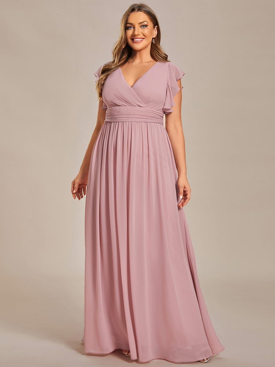 Color=Dusty Rose | V Neck Pleated Belted Ruffles Wholesale Bridesmaid Dresses - ES01818 Iterated-Dusty Rose 1