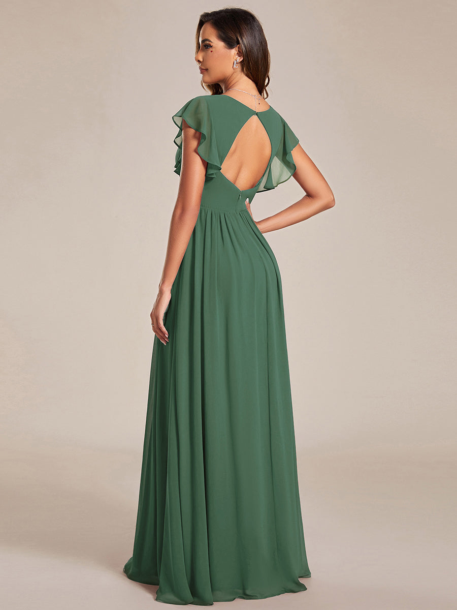 Color=Eucalyptus | V Neck Pleated Belted Ruffles Wholesale Bridesmaid Dresses - ES01818 Iterated-Eucalyptus 2