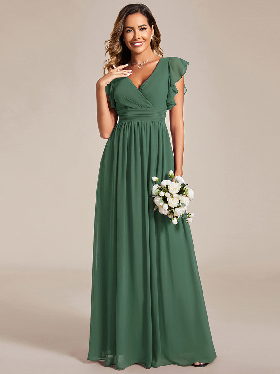 Color=Eucalyptus | V Neck Pleated Belted Ruffles Wholesale Bridesmaid Dresses - ES01818 Iterated-Eucalyptus 1