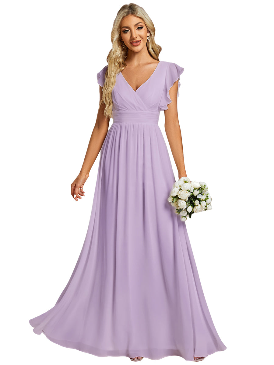 Color=Frosted Lilac | V Neck Pleated Belted Ruffles Wholesale Bridesmaid Dresses - ES01818 Iterated-Frosted Lilac 2