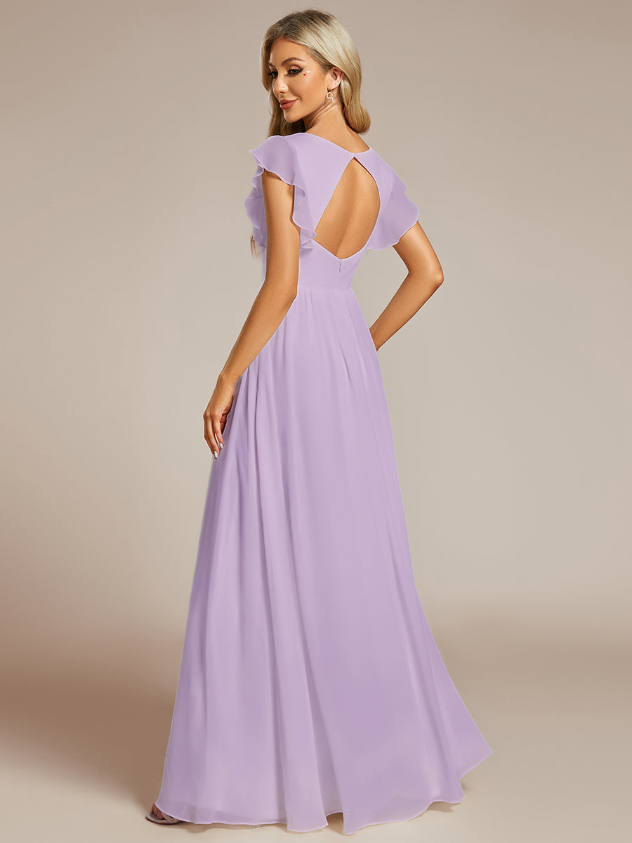 Color=Frosted Lilac | V Neck Pleated Belted Ruffles Wholesale Bridesmaid Dresses - ES01818 Iterated-Frosted Lilac 3