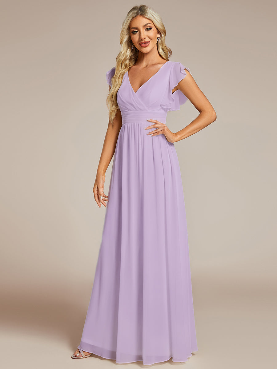 Color=Frosted Lilac | V Neck Pleated Belted Ruffles Wholesale Bridesmaid Dresses - ES01818 Iterated-Frosted Lilac 4