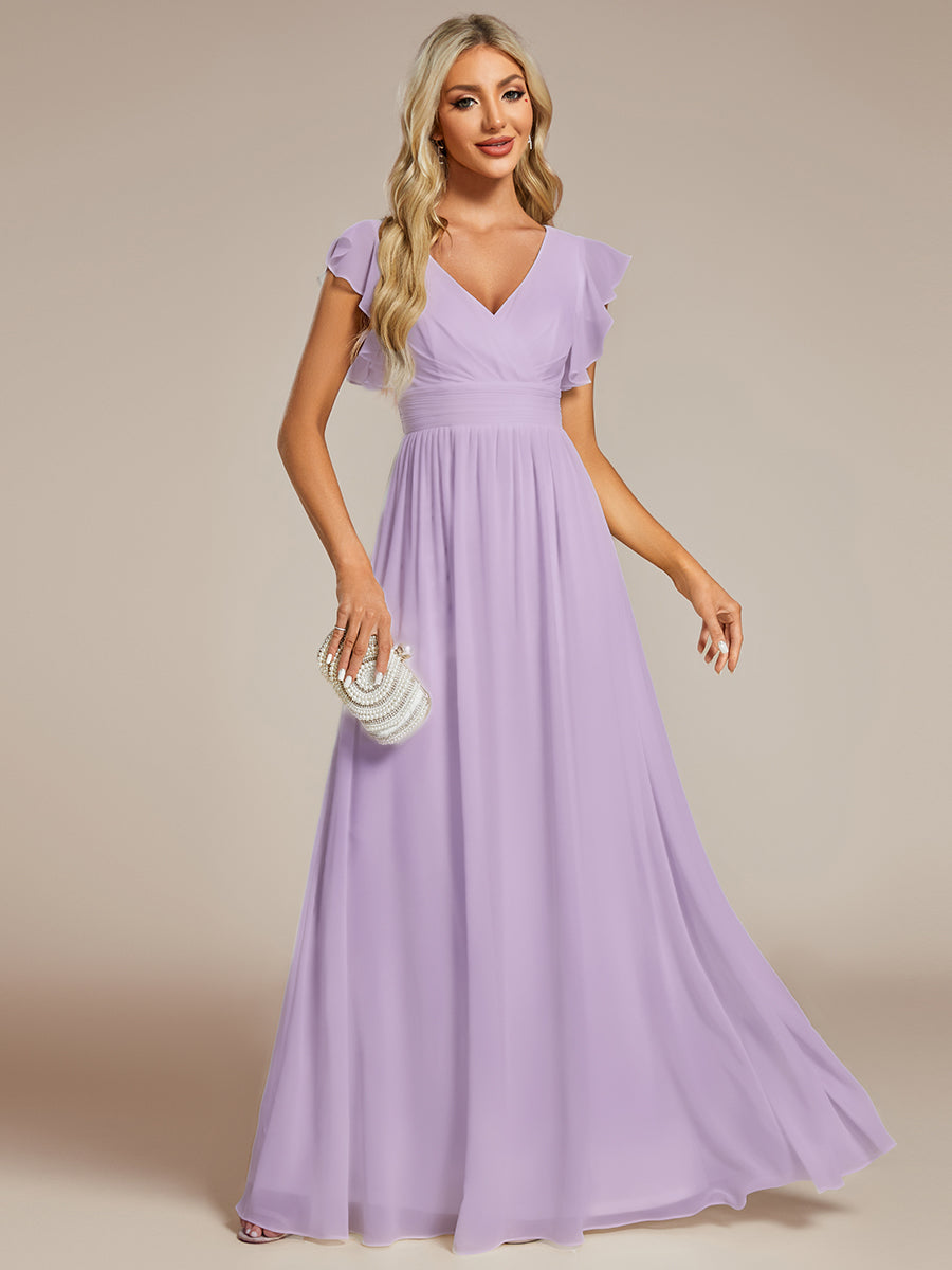 Color=Frosted Lilac | V Neck Pleated Belted Ruffles Wholesale Bridesmaid Dresses - ES01818 Iterated-Frosted Lilac 5