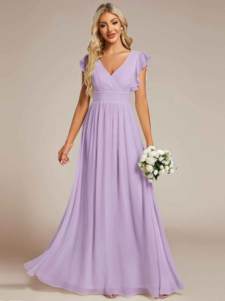 Color=Frosted Lilac | V Neck Pleated Belted Ruffles Wholesale Bridesmaid Dresses - ES01818 Iterated-Frosted Lilac 1