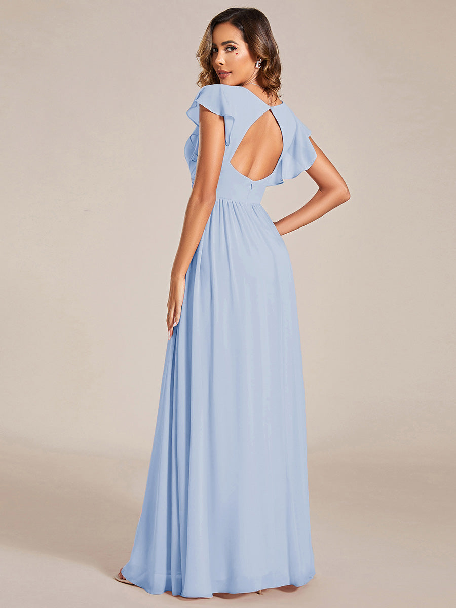 Color=Ice Blue | V Neck Pleated Belted Ruffles Wholesale Bridesmaid Dresses - ES01818 Iterated-Ice Blue 2