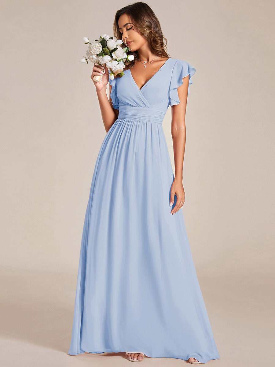 Color=Ice Blue | V Neck Pleated Belted Ruffles Wholesale Bridesmaid Dresses - ES01818 Iterated-Ice Blue 3