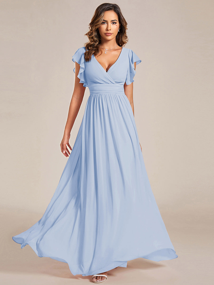 Color=Ice Blue | V Neck Pleated Belted Ruffles Wholesale Bridesmaid Dresses - ES01818 Iterated-Ice Blue 4
