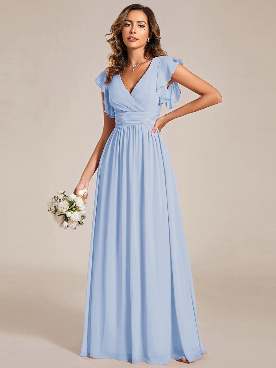 Color=Ice Blue | V Neck Pleated Belted Ruffles Wholesale Bridesmaid Dresses - ES01818 Iterated-Ice Blue 1