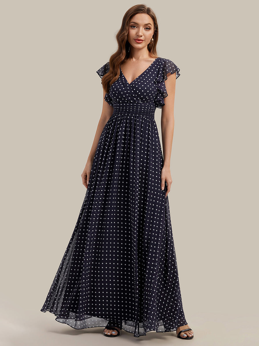 Color=Navy blue polka dots | V Neck Pleated Belted Ruffles Wholesale Bridesmaid Dresses-Navy blue polka dots 1